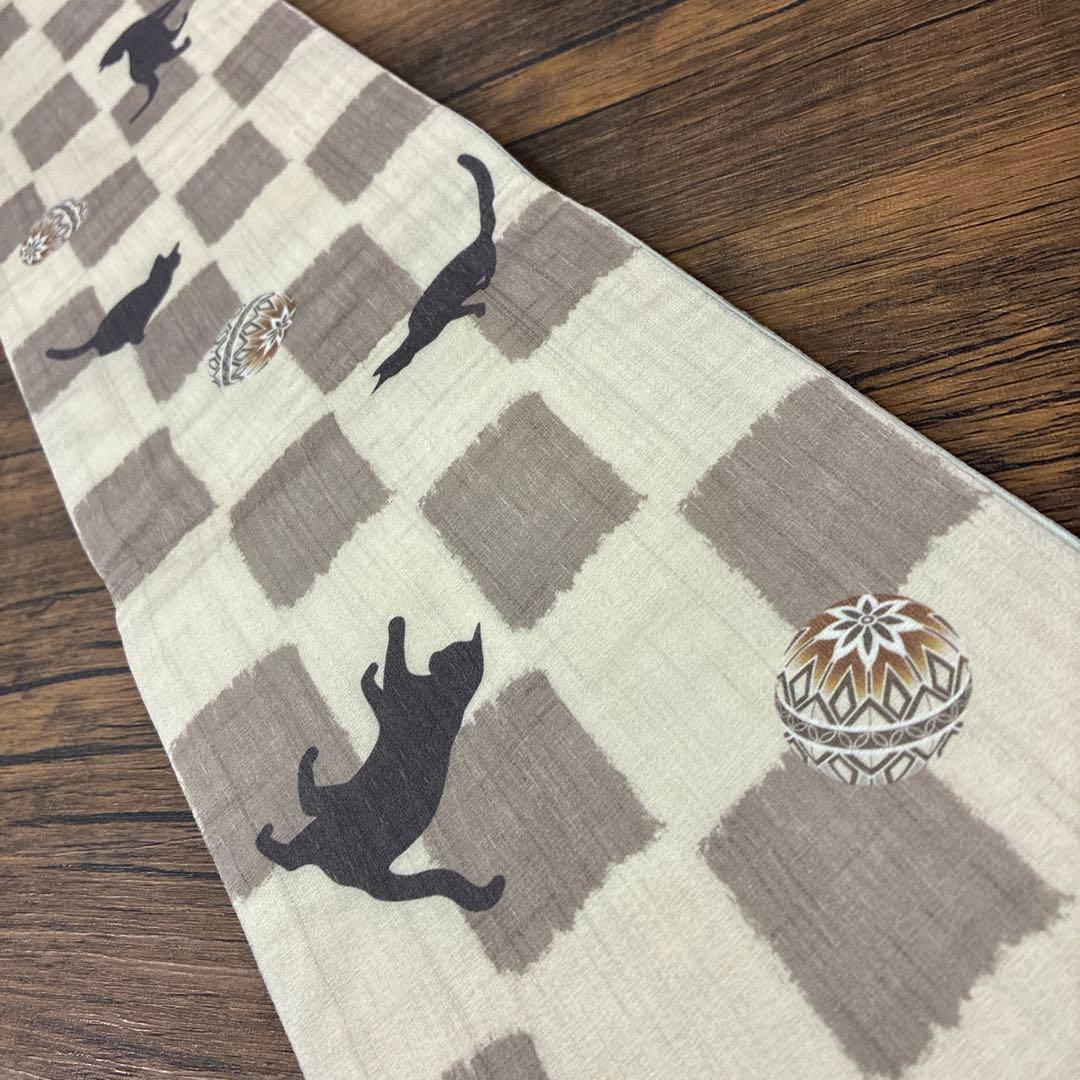 ☆日本製☆オシャレな正絹半幅帯☆百貨店取扱い品☆猫と市松☆43780円☆カフェ☆