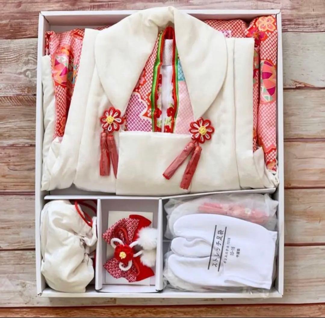 【白×ピンク絞り風】七五三 3歳 着物　被布コート12点セット　女の子　千歳飴