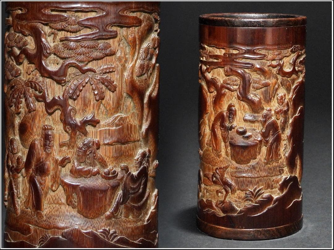 中国美術 古竹 彫刻 風景 賢人 図 筆筒 筆立/文房具書道具筆墨紙硯