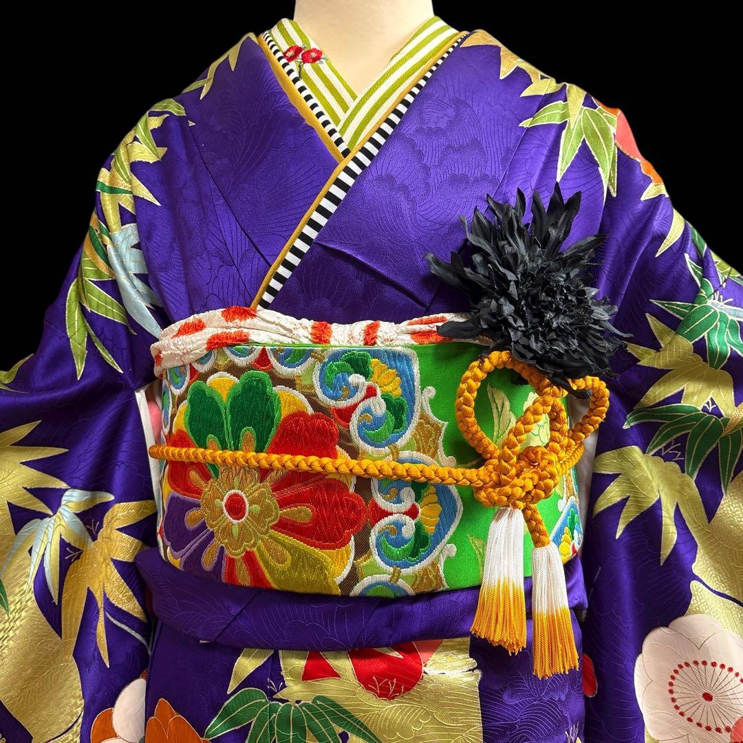 (う67) 紫翠(しすい)の花鼓✨梅彩きらめく雅のアンティーク振袖㊗️ ③点セット