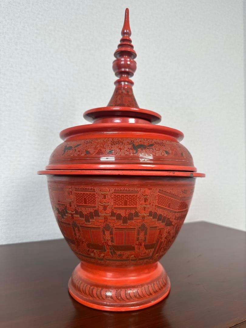 ミャンマー アンティーク 漆器 蒟醤 仏塔形 供物器 高さ約41cm ※31※