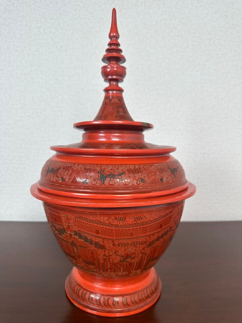 ミャンマー アンティーク 漆器 蒟醤 仏塔形 供物器 高さ約41cm ※31※