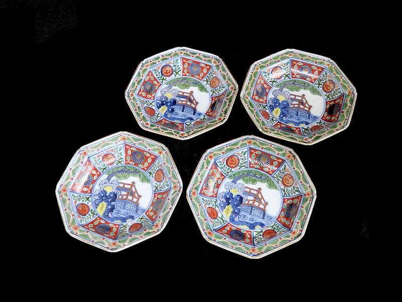 大聖寺伊万里　菊に龍　岩に欄干の図　八角４寸皿　４枚　D702AS-fbho