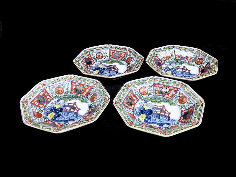 大聖寺伊万里　菊に龍　岩に欄干の図　八角４寸皿　４枚　D702AS-fbho