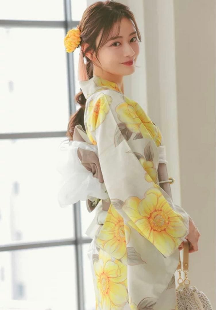 ベージュ地×水彩ポピー ゆかた　浴衣 帯 帯紐 髪飾り バッグ　5点セット