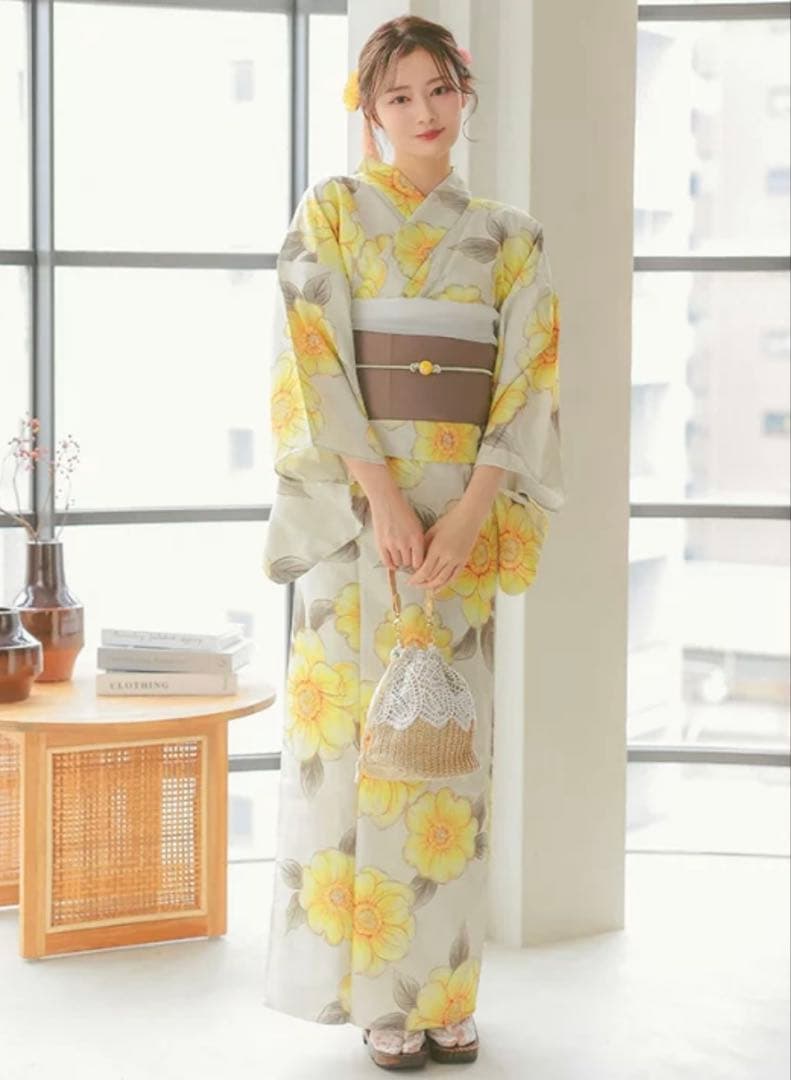 ベージュ地×水彩ポピー ゆかた　浴衣 帯 帯紐 髪飾り バッグ　5点セット