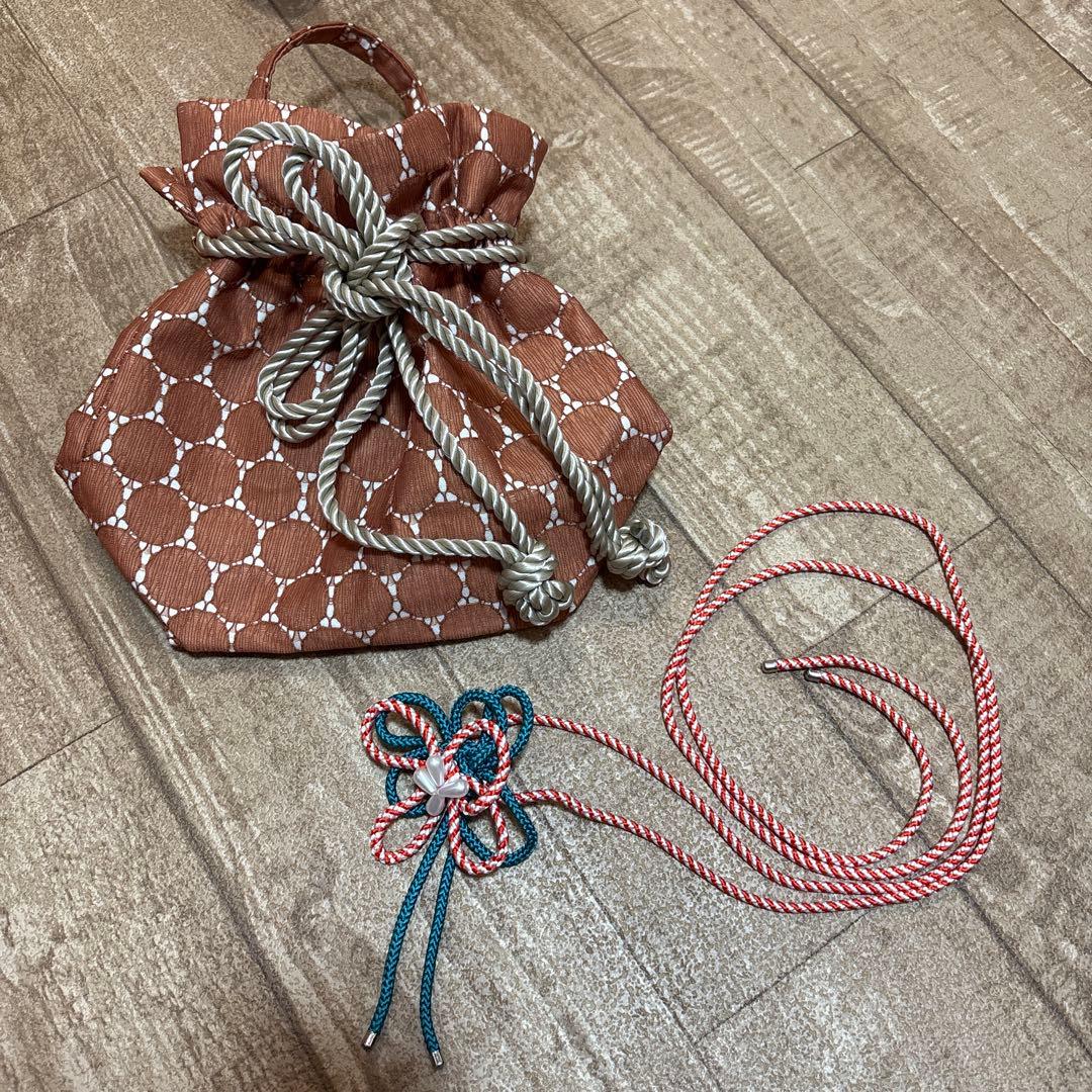 ベージュ地×水彩ポピー ゆかた　浴衣 帯 帯紐 髪飾り バッグ　5点セット