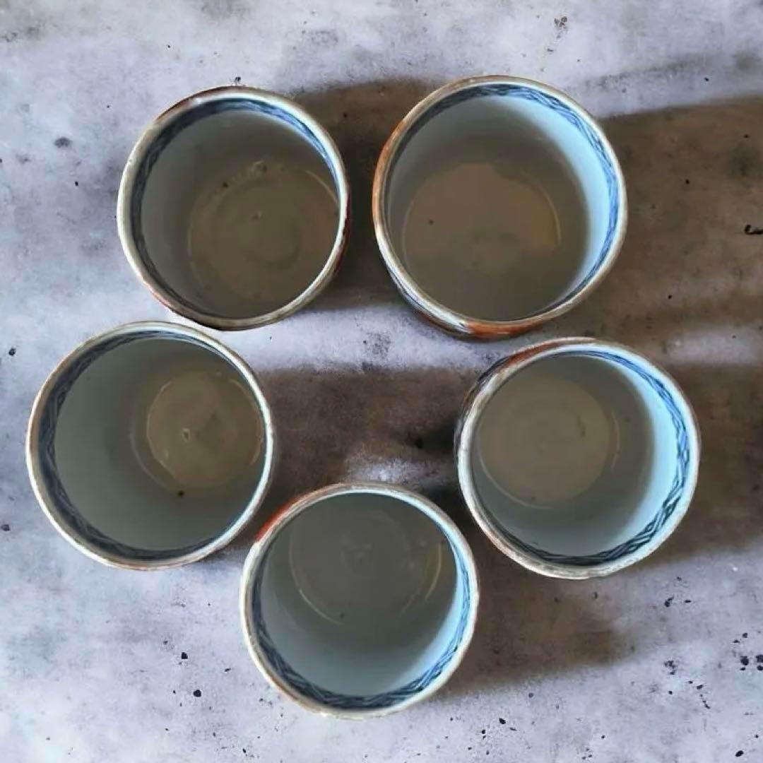 【古伊万里】猪口 ５客 色絵 染付け 陶磁器 ちょこ 骨董 アンティーク