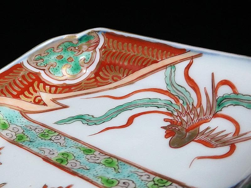 古伊万里　金襴手　桐に鳳凰　団龍紋に花の図　長角皿　289AS-BQs