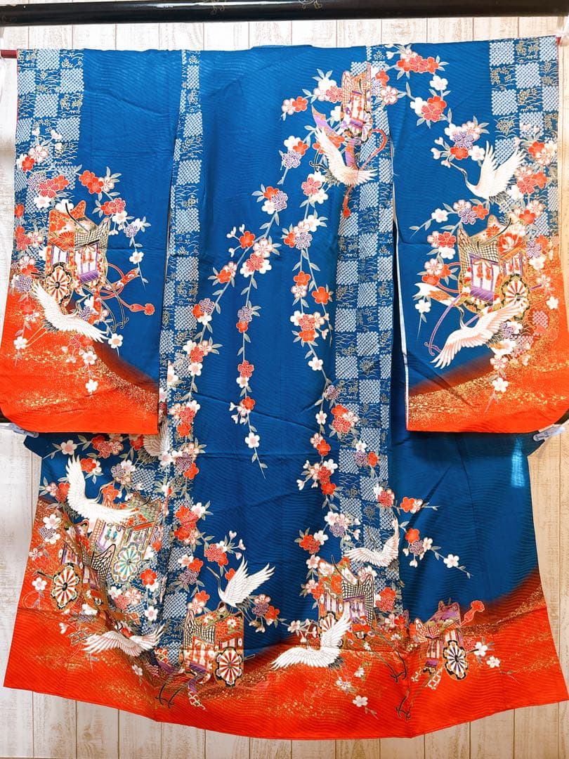 本格正絹着物♡七五三　7歳　女の子　フルセット　一式　藍色　鶴　古典柄