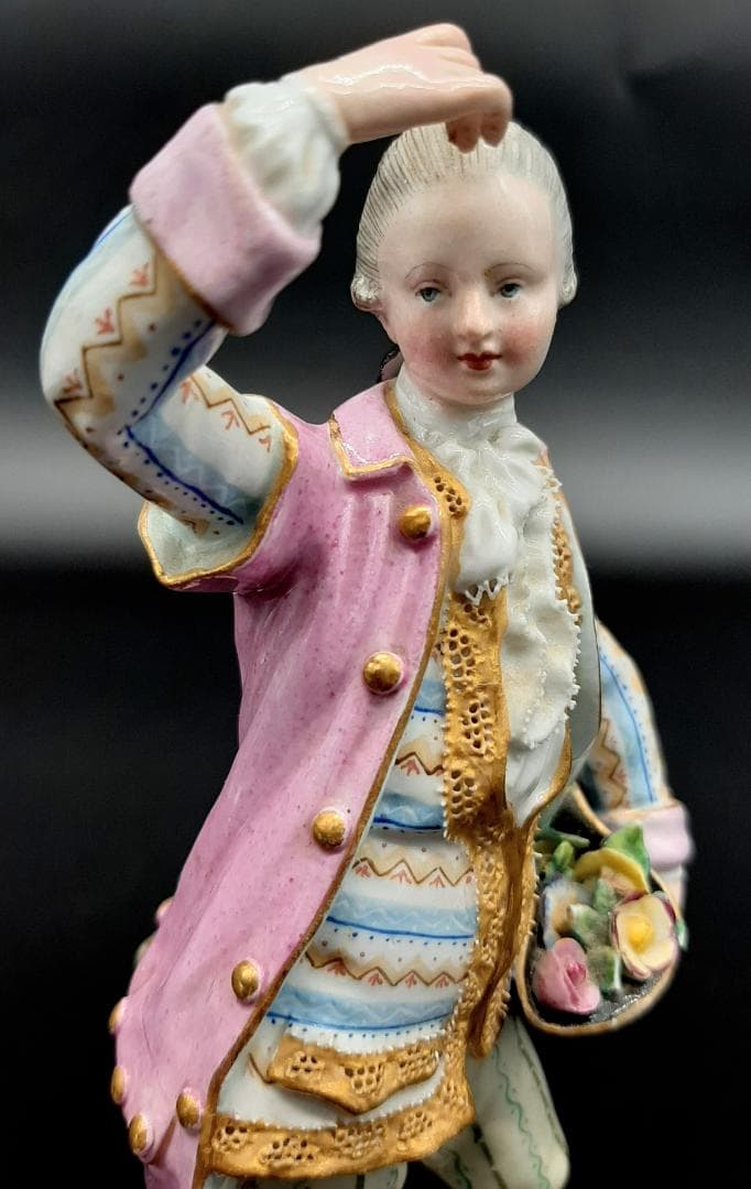美品古マイセン／アシエ1768年『花摘みの男』大型フィギュリン美品1級品ボタン剣