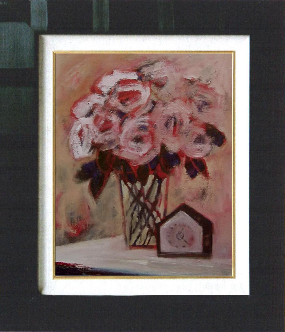 油絵 菅家令子 絵 絵画インテリア 額付(青緑＋金色の枠)uF6-112502花