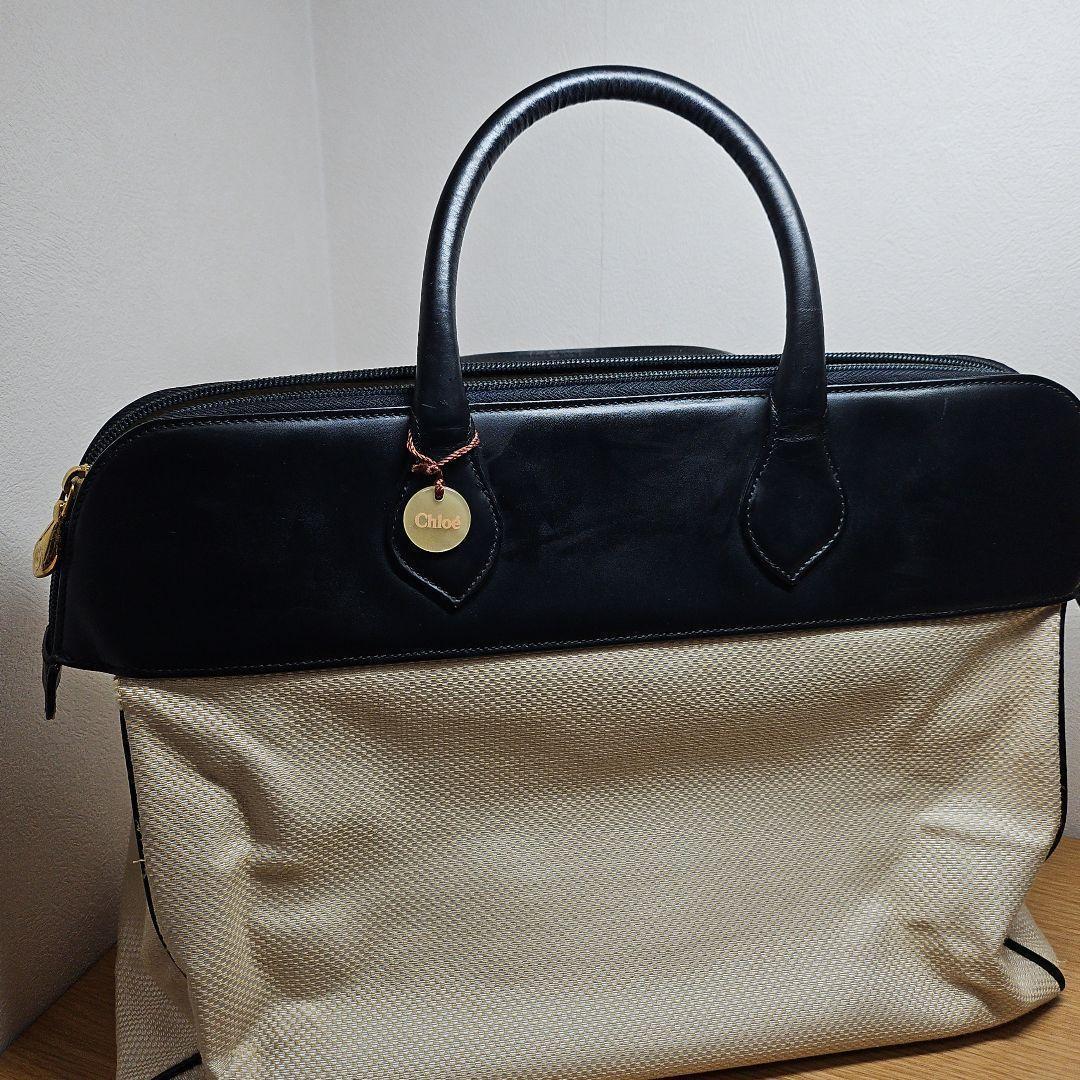 Chloe キャンバス レザー ハンドバッグ ブラック&ベージュ トートバッグ