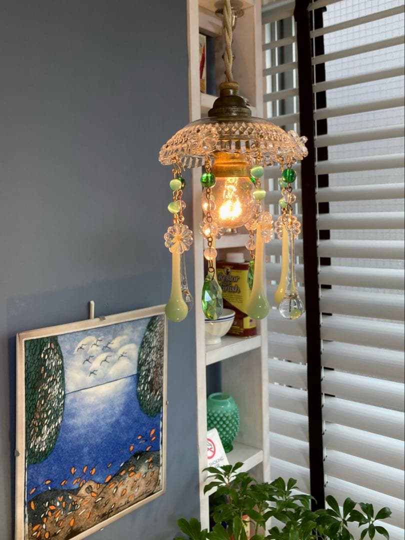 ミニシャンデリア　（メロンドロップ）1920年　フランスアンティーク　シェード