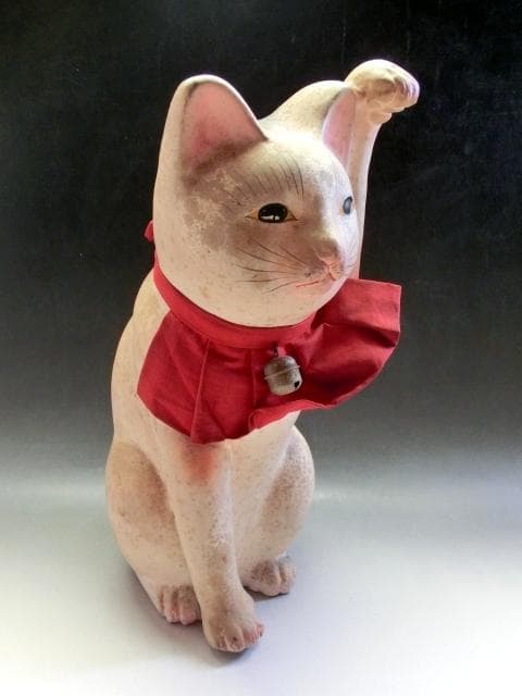 招き猫■とっても可愛らしくて味わいのある招き猫 置物 土人形(明治期)■29cm