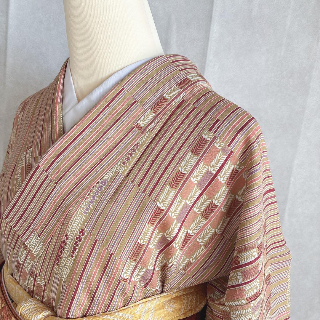 小紋　フルセット　着物　正絹　しつけ糸付き　ストライプ　温もり縞　民芸調　N2