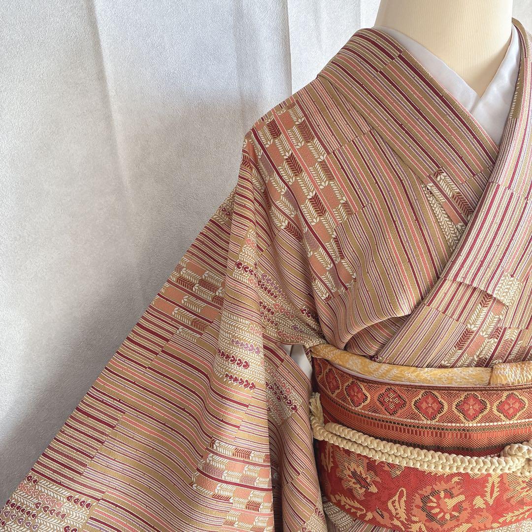 小紋　フルセット　着物　正絹　しつけ糸付き　ストライプ　温もり縞　民芸調　N2