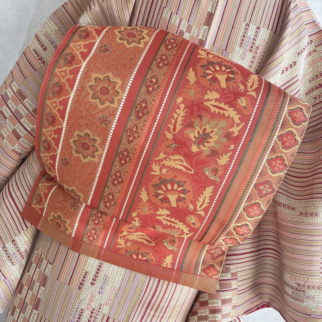 小紋　フルセット　着物　正絹　しつけ糸付き　ストライプ　温もり縞　民芸調　N2