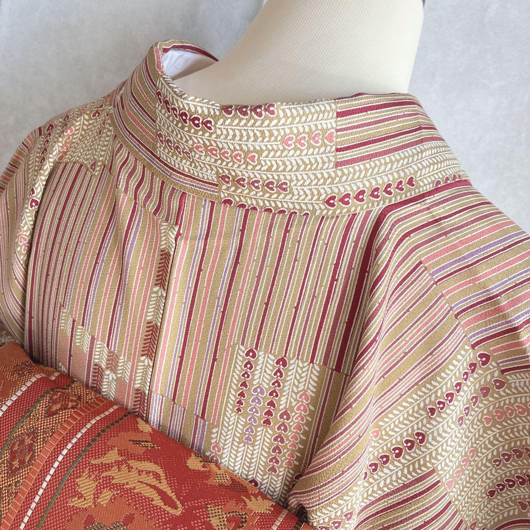 小紋　フルセット　着物　正絹　しつけ糸付き　ストライプ　温もり縞　民芸調　N2