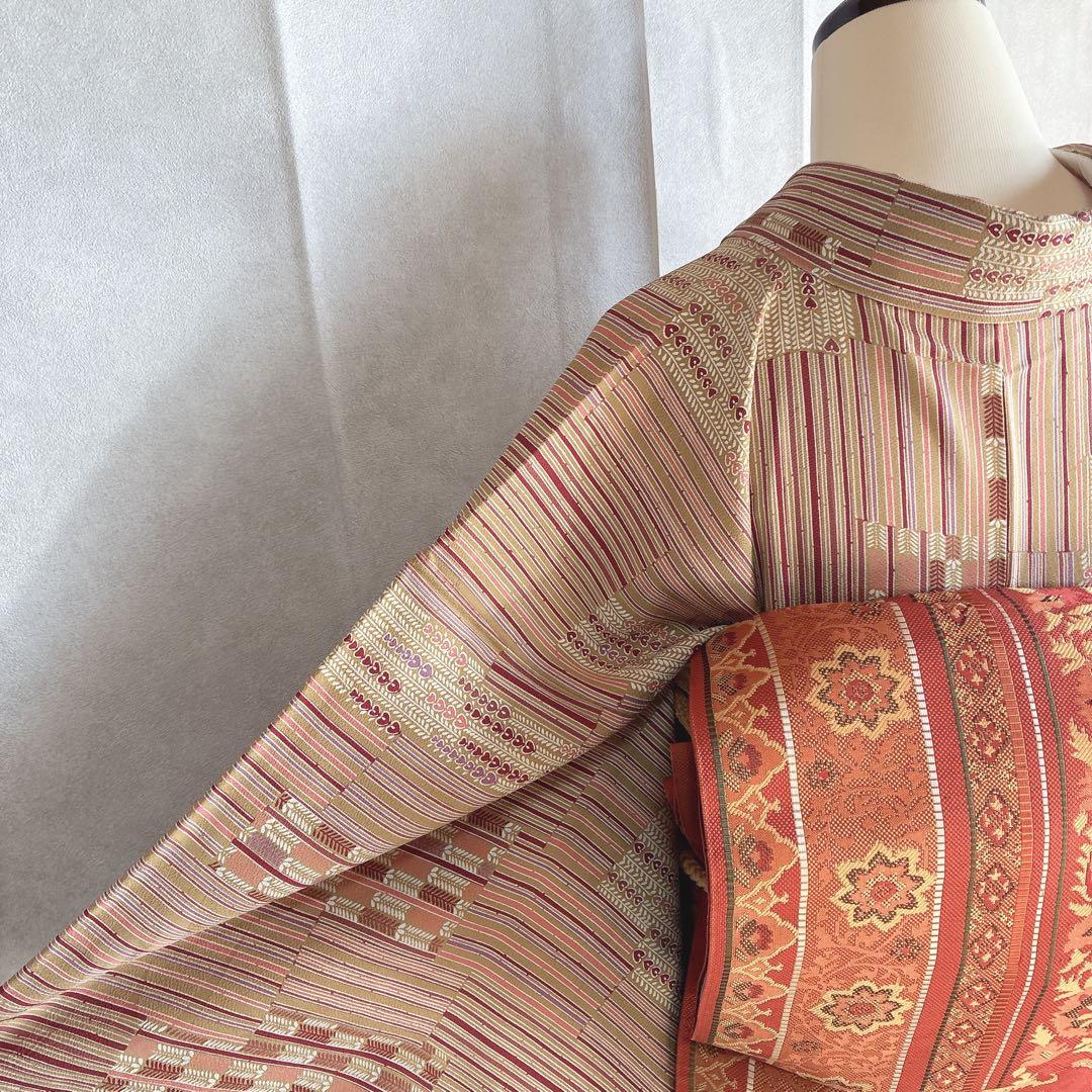 小紋　フルセット　着物　正絹　しつけ糸付き　ストライプ　温もり縞　民芸調　N2