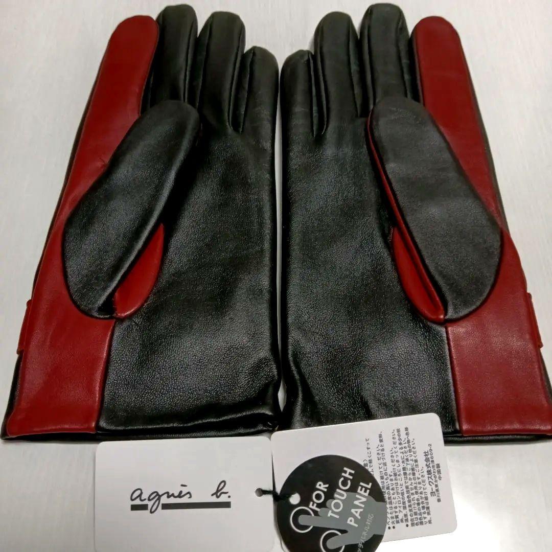 未使用 agnès b. アニエスベー 羊革 スマホ対応 黒 赤 手袋 25cm
