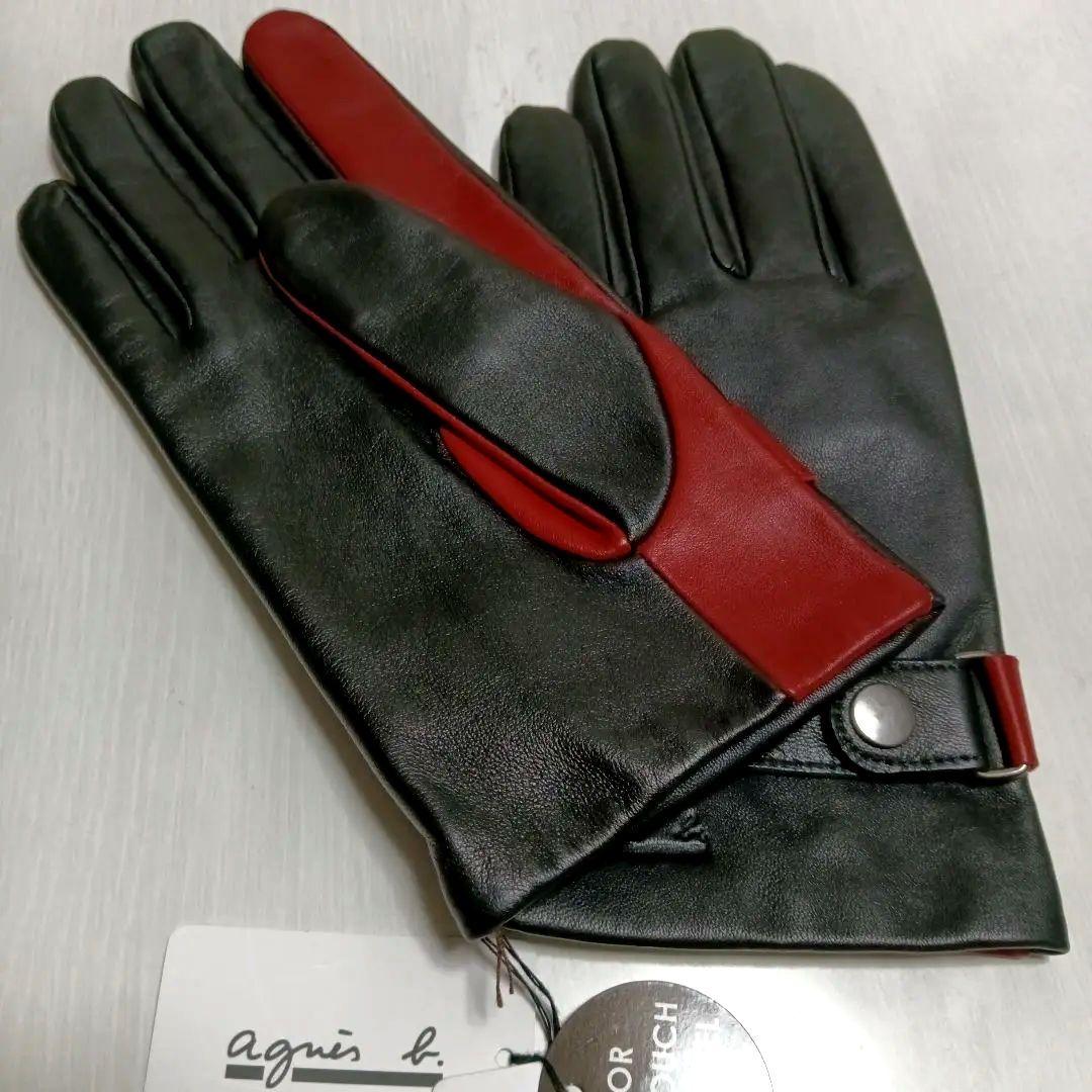未使用 agnès b. アニエスベー 羊革 スマホ対応 黒 赤 手袋 25cm