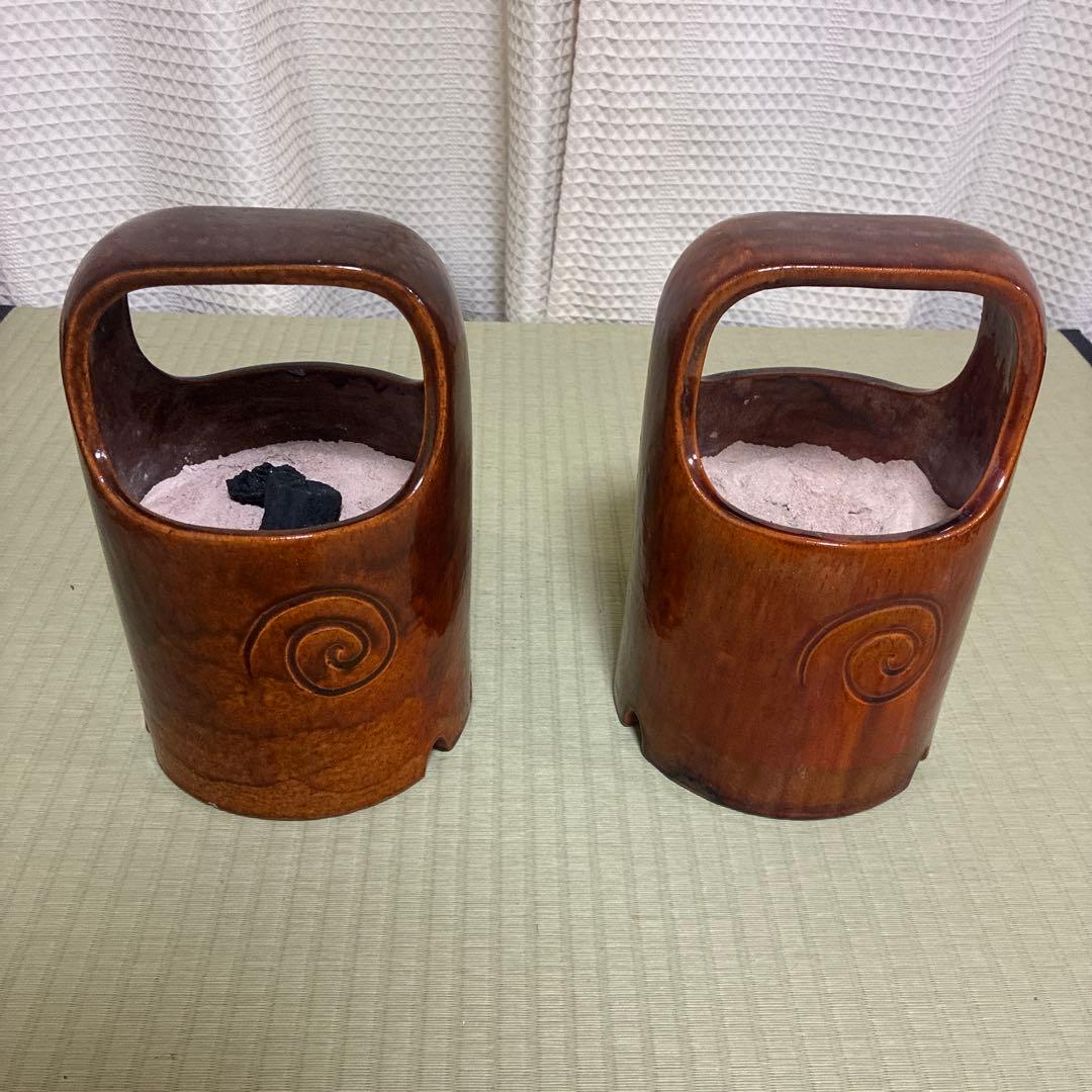 手焙一対　手炉　大樋焼　撫山作