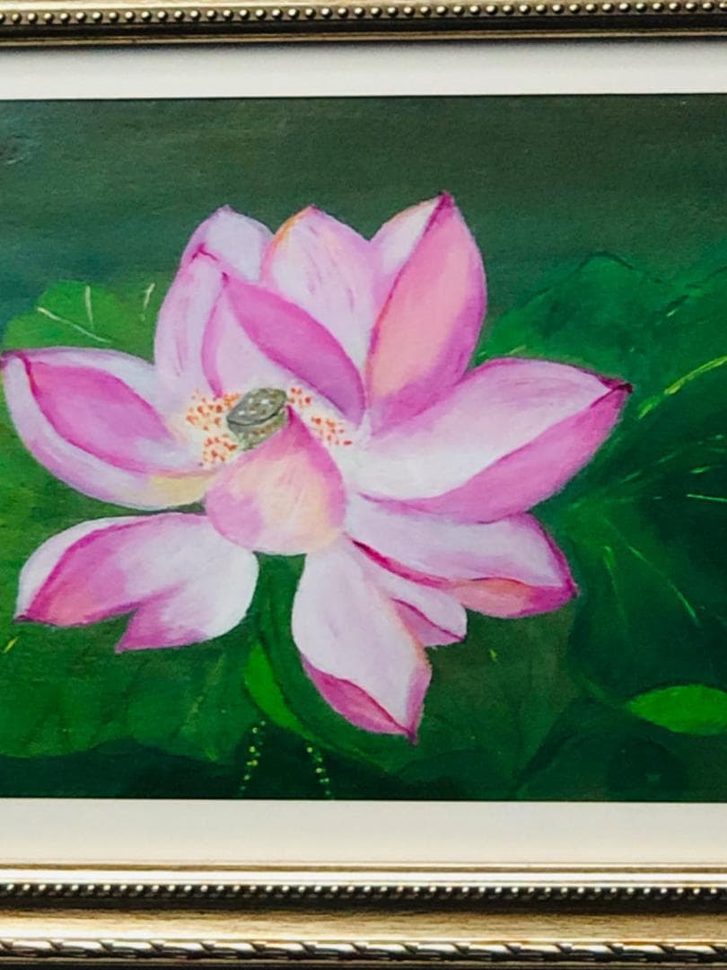 绘画「池に咲く蓮の花」アクリル絵/新品額縁