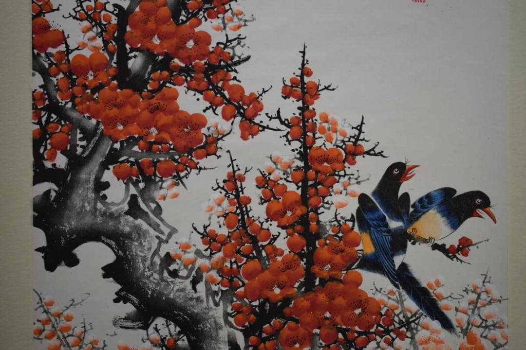 真作/李雲/紅白梅小禽図/布袋屋掛軸HE-458