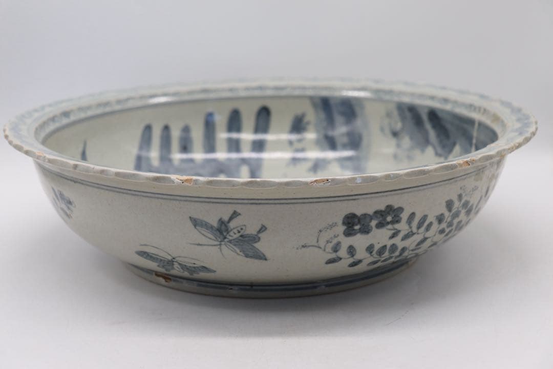 李朝　染付　竹林虎図紋大鉢　訳あり　送料込み250508