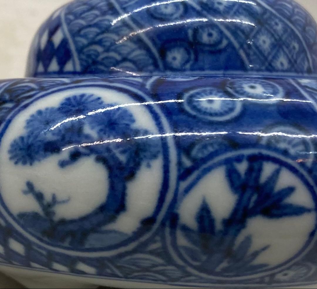 B504s「染付捻紋に松竹梅図 香炉」嶋田寿楽作　九谷焼　箱無　香道具