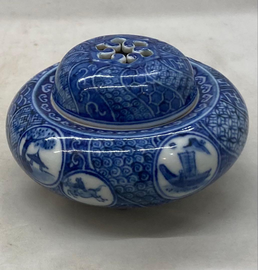 B504s「染付捻紋に松竹梅図 香炉」嶋田寿楽作　九谷焼　箱無　香道具