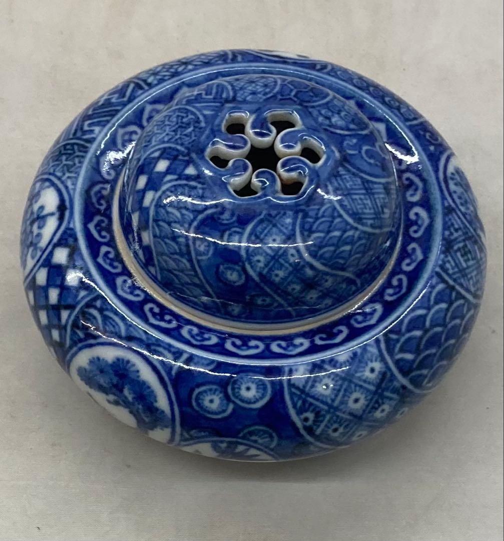 B504s「染付捻紋に松竹梅図 香炉」嶋田寿楽作　九谷焼　箱無　香道具