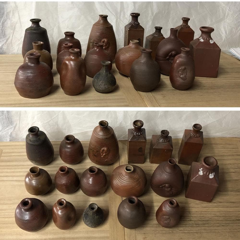 p008 備前焼 小徳利 17点 江戸～明治 古備前 ケース入り ミニ徳利