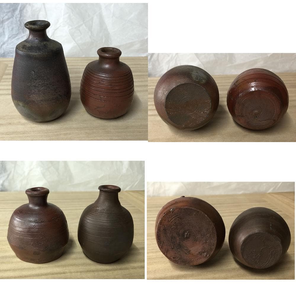 p008 備前焼 小徳利 17点 江戸～明治 古備前 ケース入り ミニ徳利