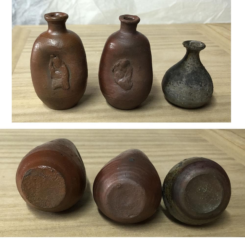 p008 備前焼 小徳利 17点 江戸～明治 古備前 ケース入り ミニ徳利