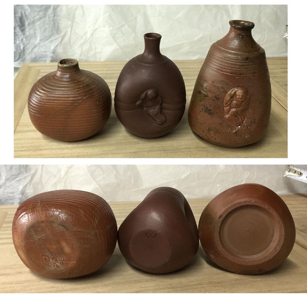 p008 備前焼 小徳利 17点 江戸～明治 古備前 ケース入り ミニ徳利