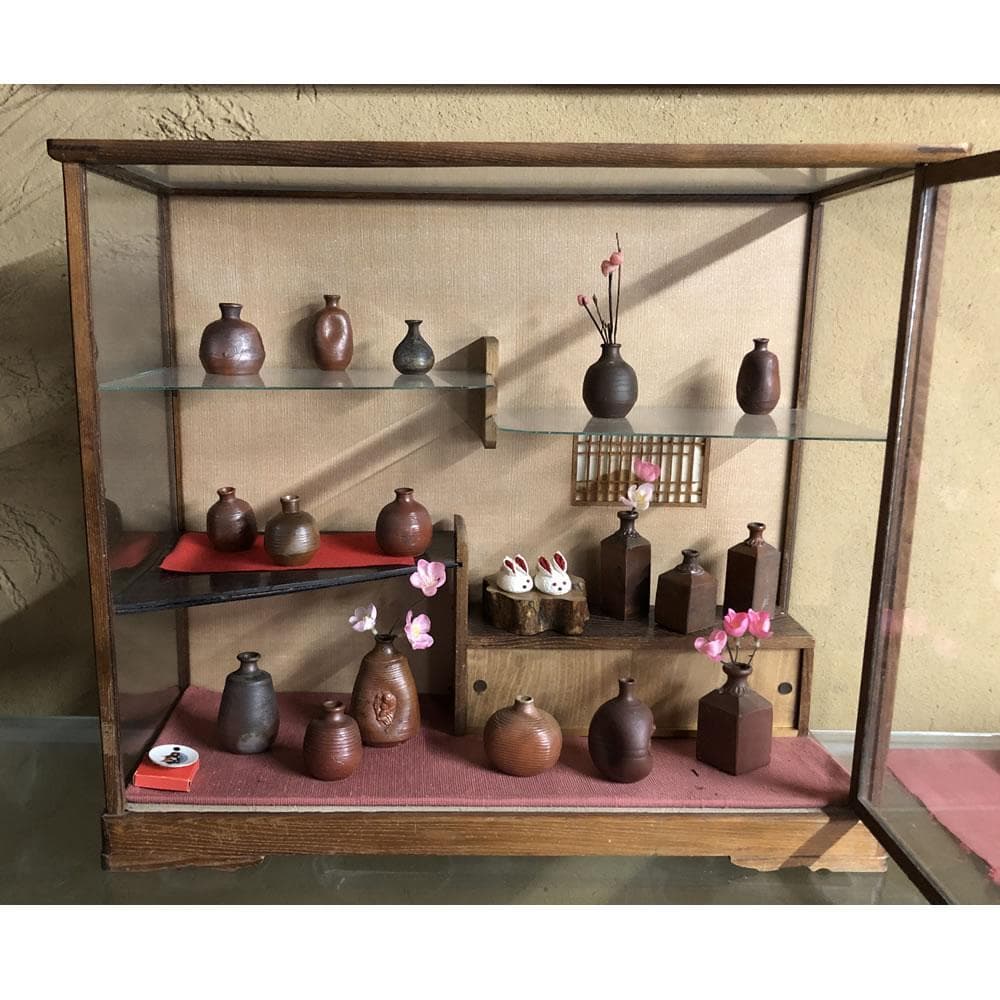 p008 備前焼 小徳利 17点 江戸～明治 古備前 ケース入り ミニ徳利