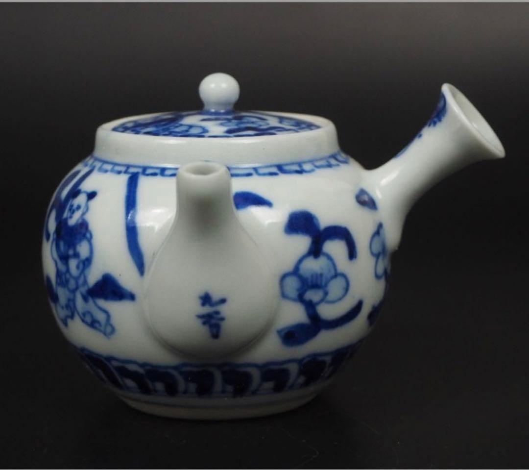 送料無料　大正時代唐子図青華急須　煎茶道具