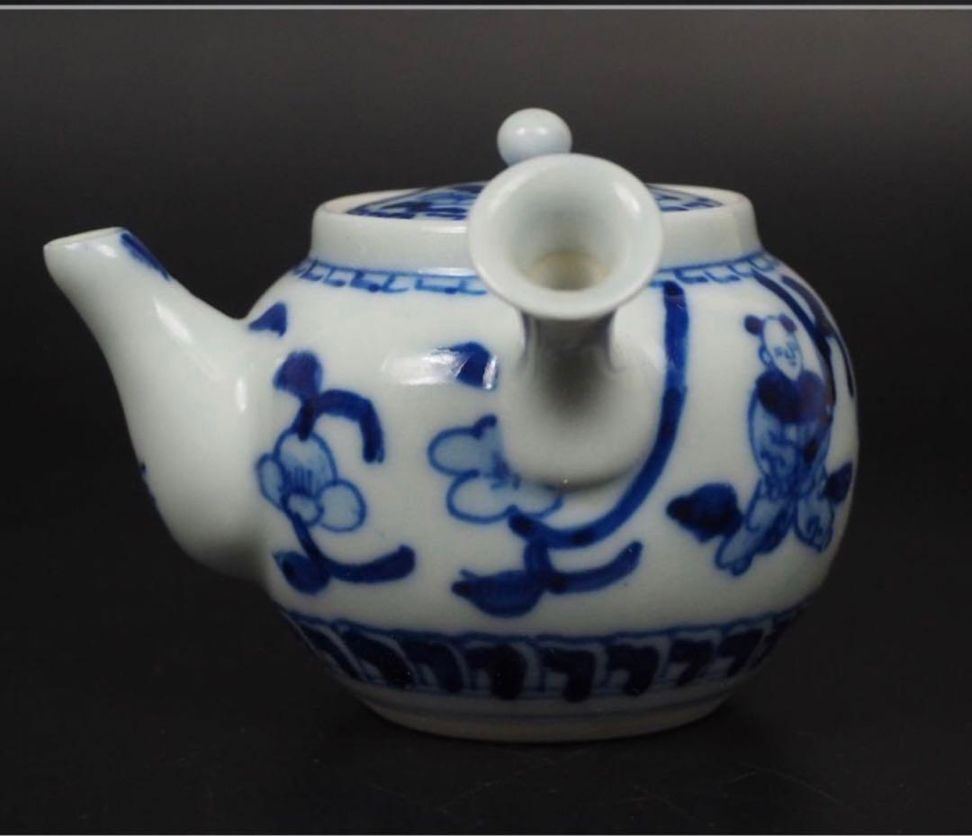 送料無料　大正時代唐子図青華急須　煎茶道具