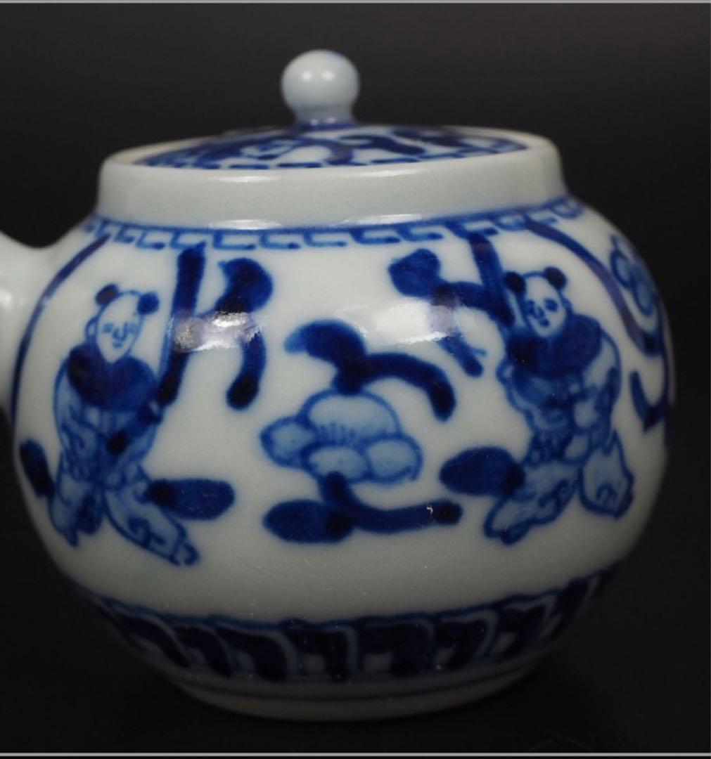 送料無料　大正時代唐子図青華急須　煎茶道具