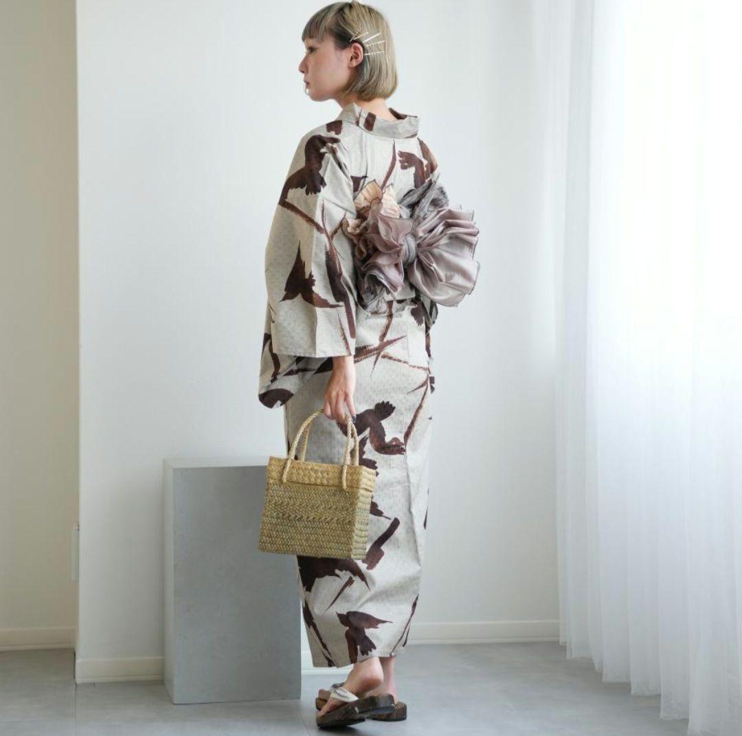 浴衣 ニコアンティーク 高級変わり織 浴衣3点セット 砂色に焦げ茶ぼかしの鵲