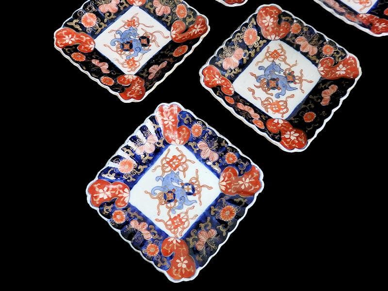 古伊万里　色絵　獅子に七宝紋の図　角皿　5枚　D559AS-BCh