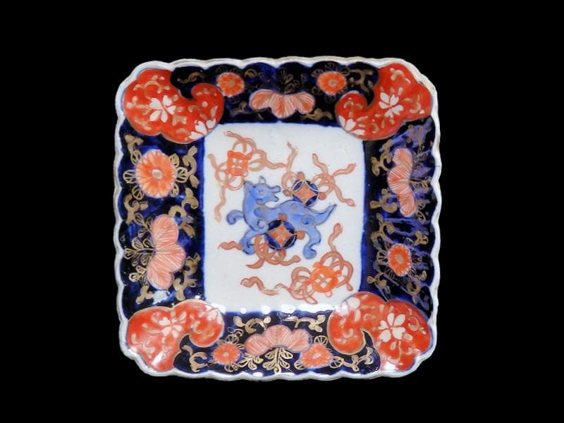 古伊万里　色絵　獅子に七宝紋の図　角皿　5枚　D559AS-BCh