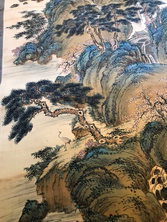 骨董品 掛け軸 美術品 掛軸 昔 骨董 絹本 古い 落款 青緑山水 肉筆