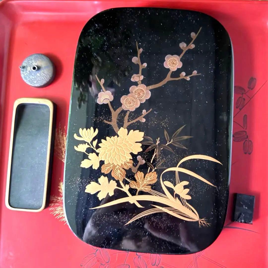 2177様感謝‼️宝石王マダム愛蔵品　天然木 本漆 四君子蒔絵 硯箱水滴硯三点揃い