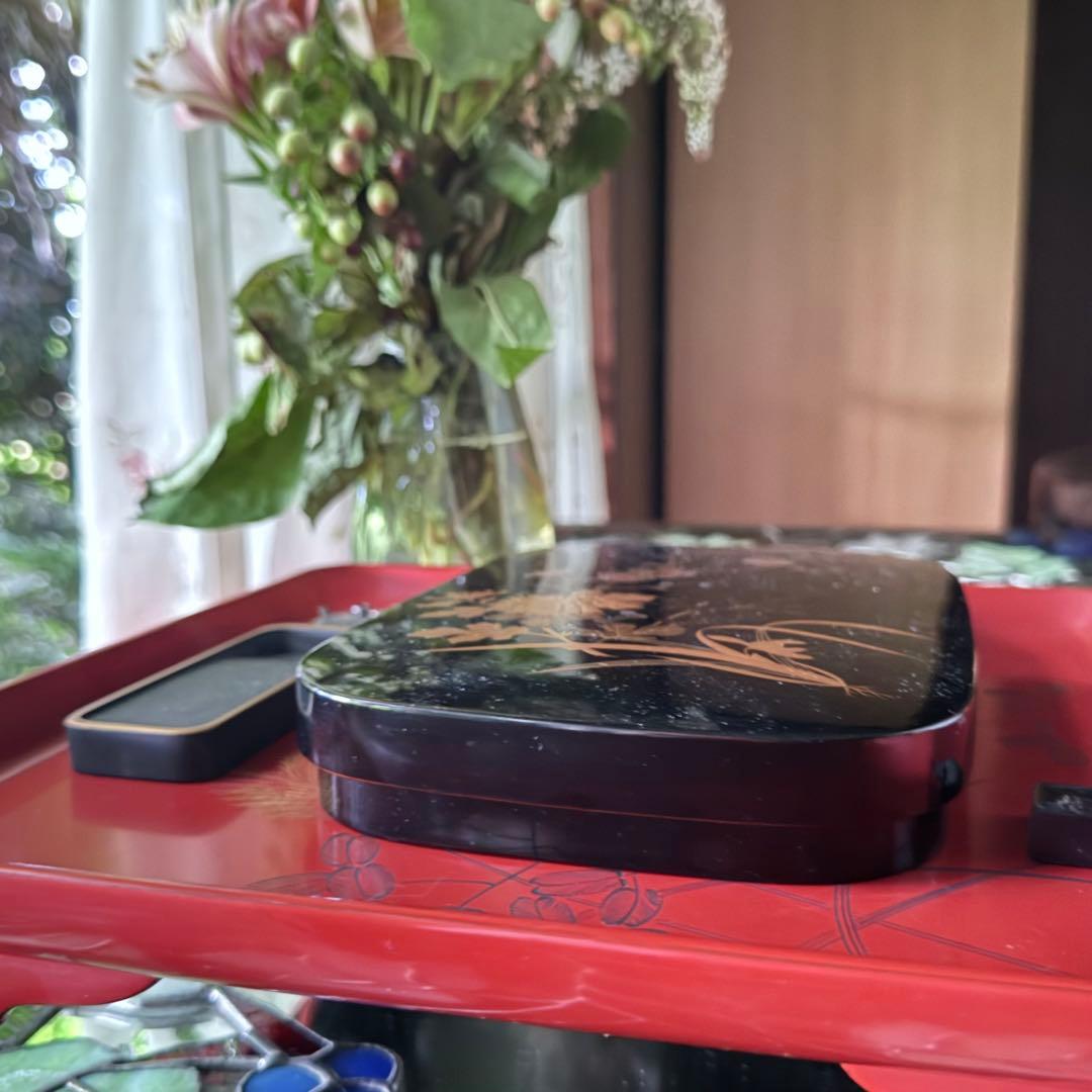 2177様感謝‼️宝石王マダム愛蔵品　天然木 本漆 四君子蒔絵 硯箱水滴硯三点揃い