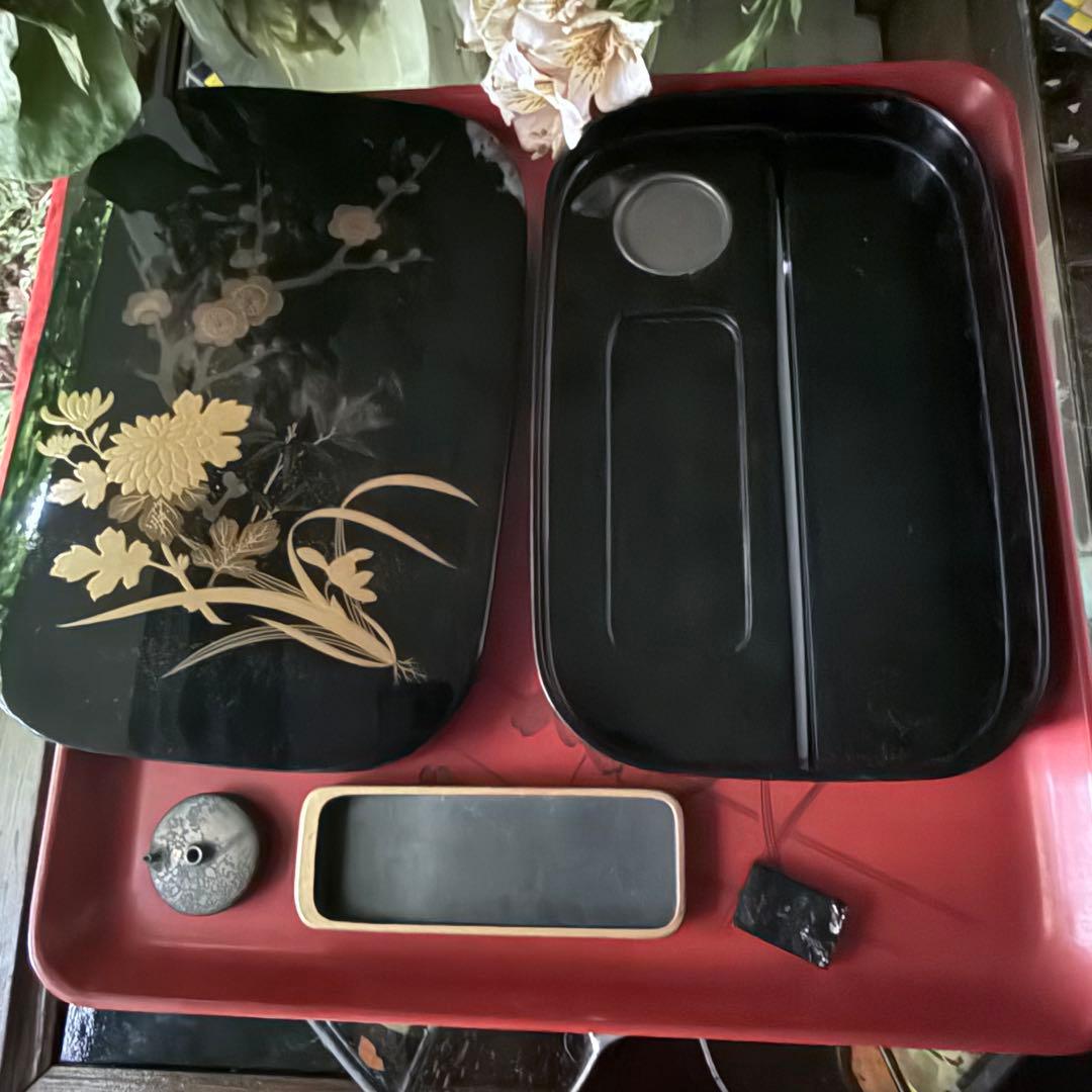 2177様感謝‼️宝石王マダム愛蔵品　天然木 本漆 四君子蒔絵 硯箱水滴硯三点揃い