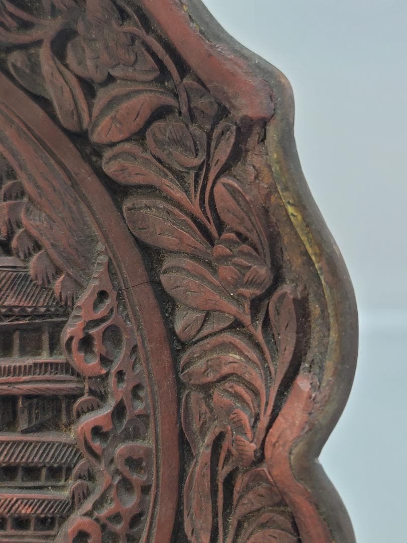 中国美術 銅胎 堆朱 楼閣紋 輪花皿 DT554