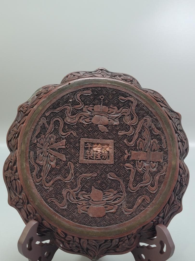 中国美術 銅胎 堆朱 楼閣紋 輪花皿 DT554
